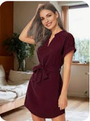 Bow-Tie Belted V-Neck Dress