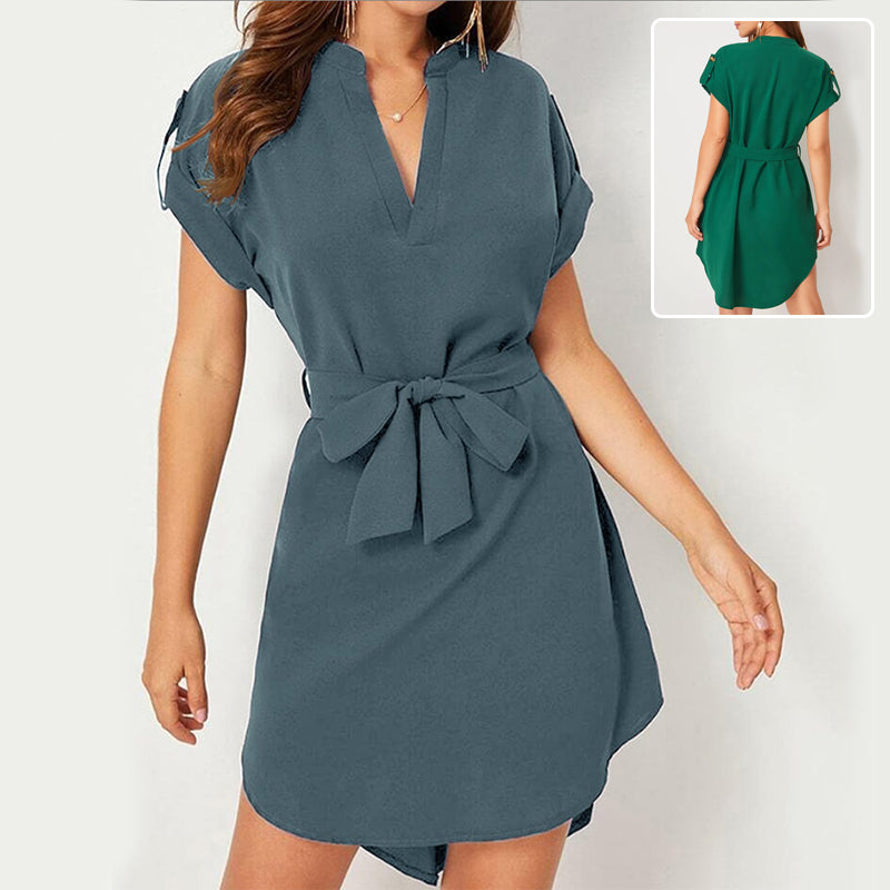 Bow-Tie Belted V-Neck Dress